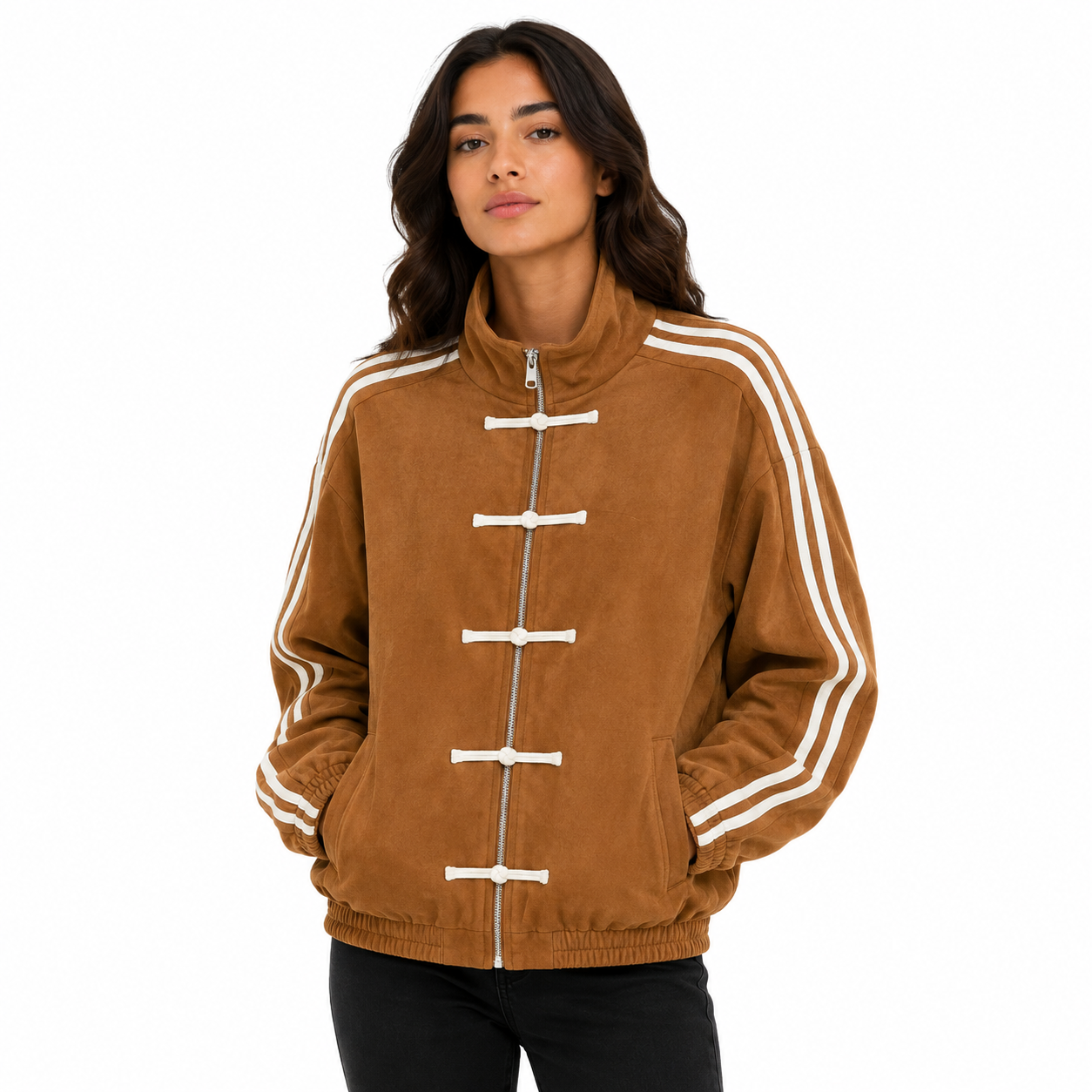 Veste Femme Oversize Zippée à Brandebourgs – Bandes Contrastées Manches Longues Style Casual Chic