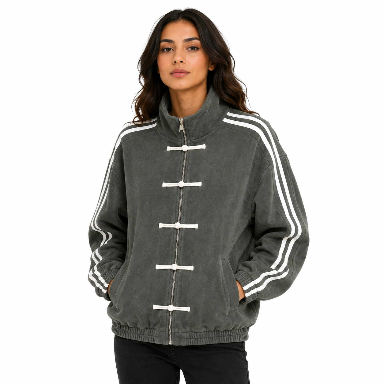 Veste Femme Oversize Zippée à Brandebourgs – Bandes Contrastées Manches Longues Style Casual Chic