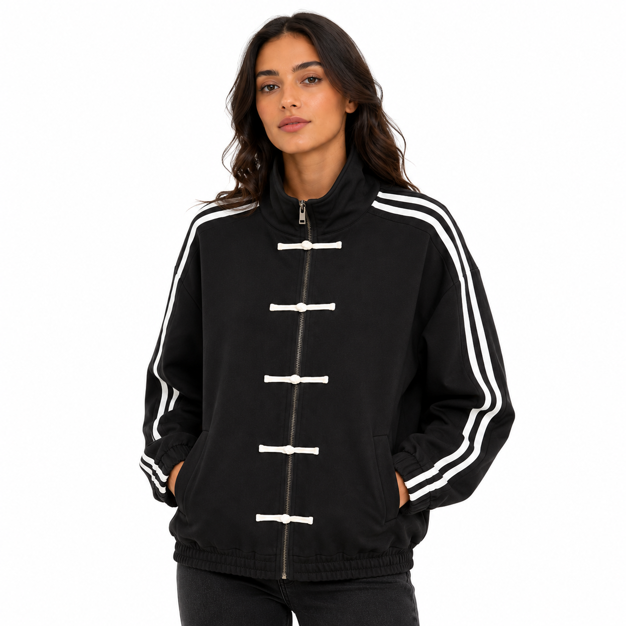 Veste Femme Oversize Zippée à Brandebourgs – Bandes Contrastées Manches Longues Style Casual Chic