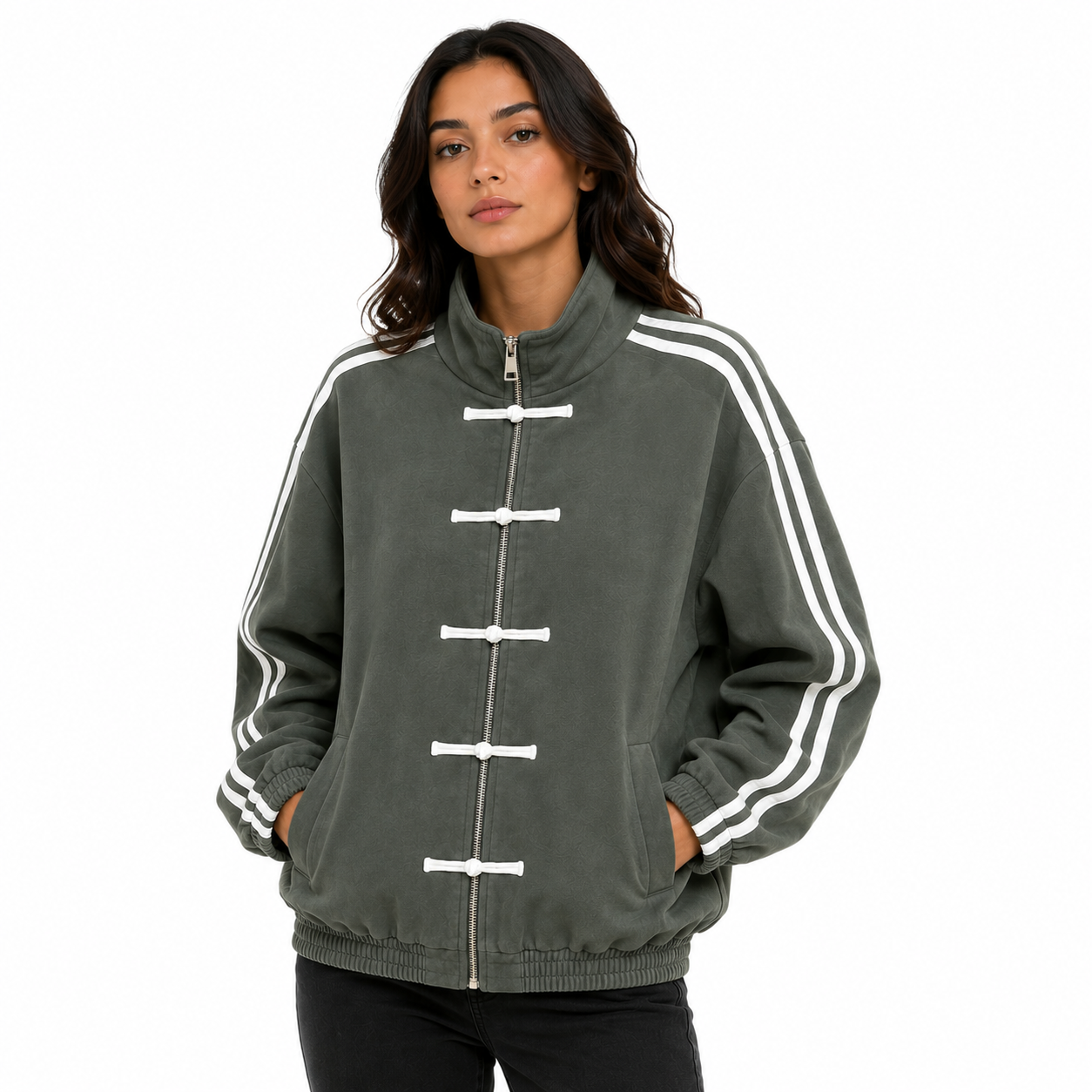 Veste Femme Oversize Zippée à Brandebourgs – Bandes Contrastées Manches Longues Style Casual Chic