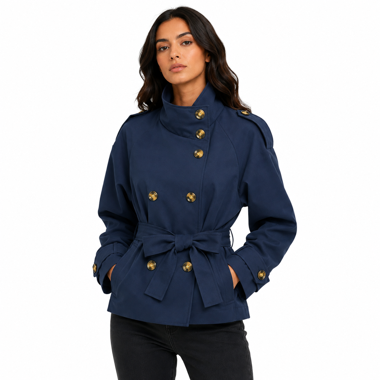 Trench Court Femme Ceinturé à Col Montant – Veste Élégante Double Boutonnage Manches Longues