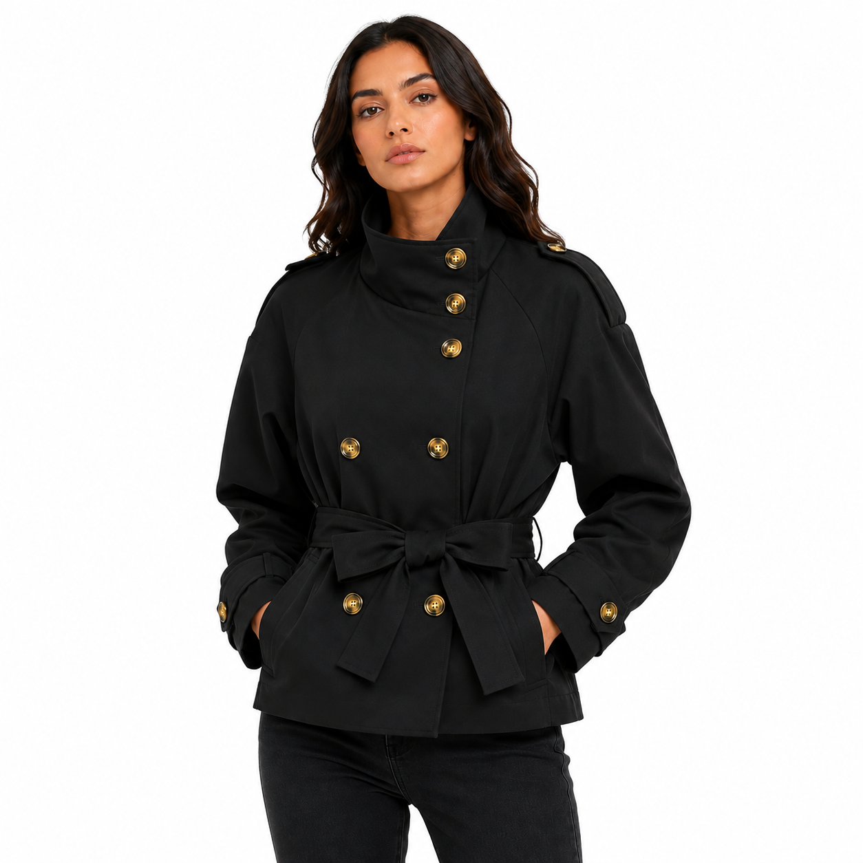 Trench Court Femme Ceinturé à Col Montant – Veste Élégante Double Boutonnage Manches Longues