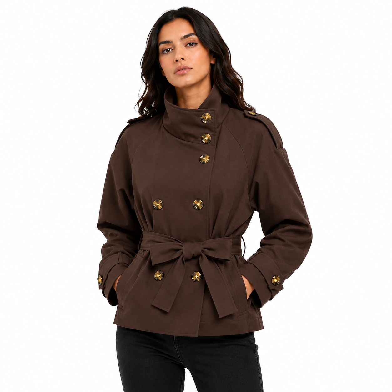 Trench Court Femme Ceinturé à Col Montant – Veste Élégante Double Boutonnage Manches Longues