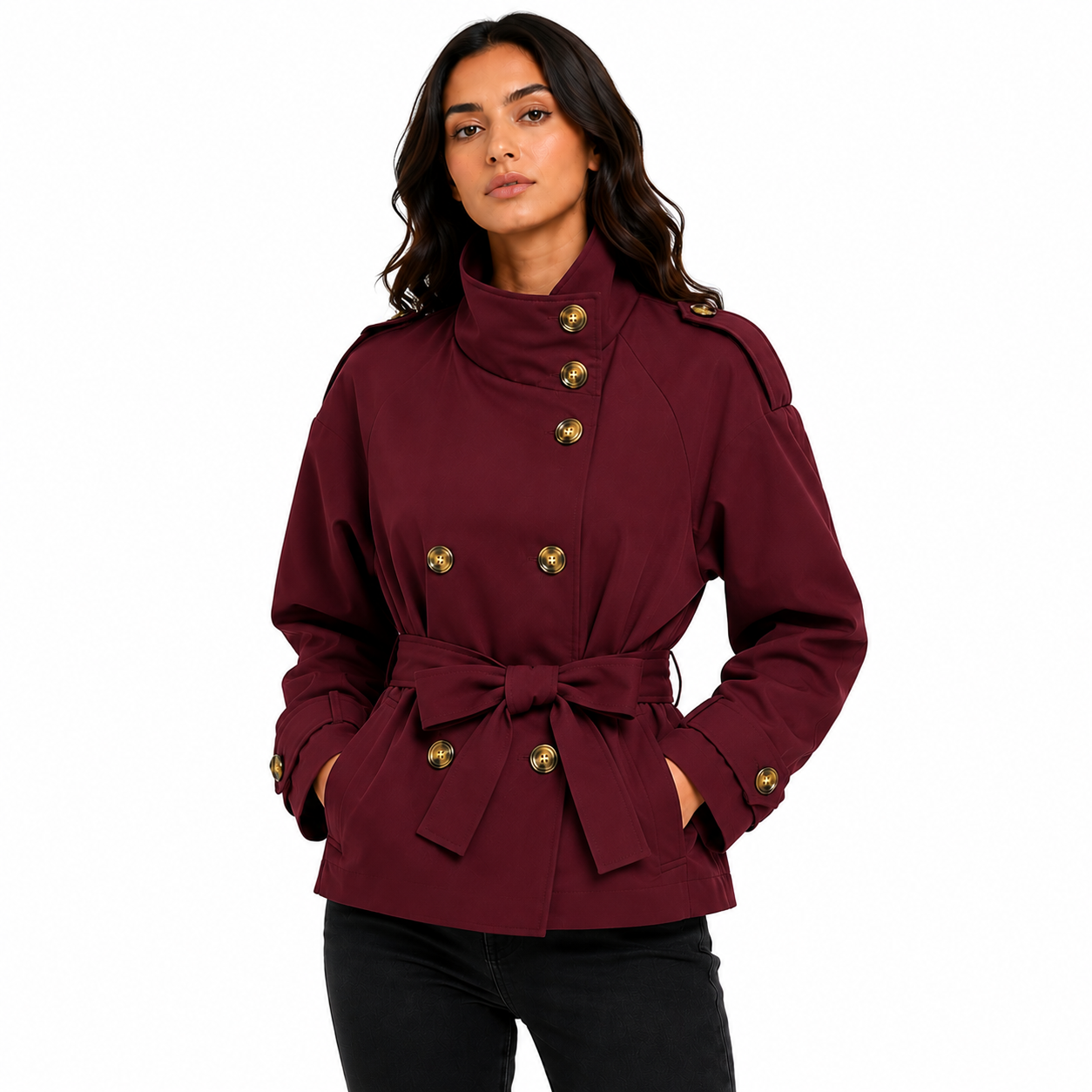 Trench Court Femme Ceinturé à Col Montant – Veste Élégante Double Boutonnage Manches Longues