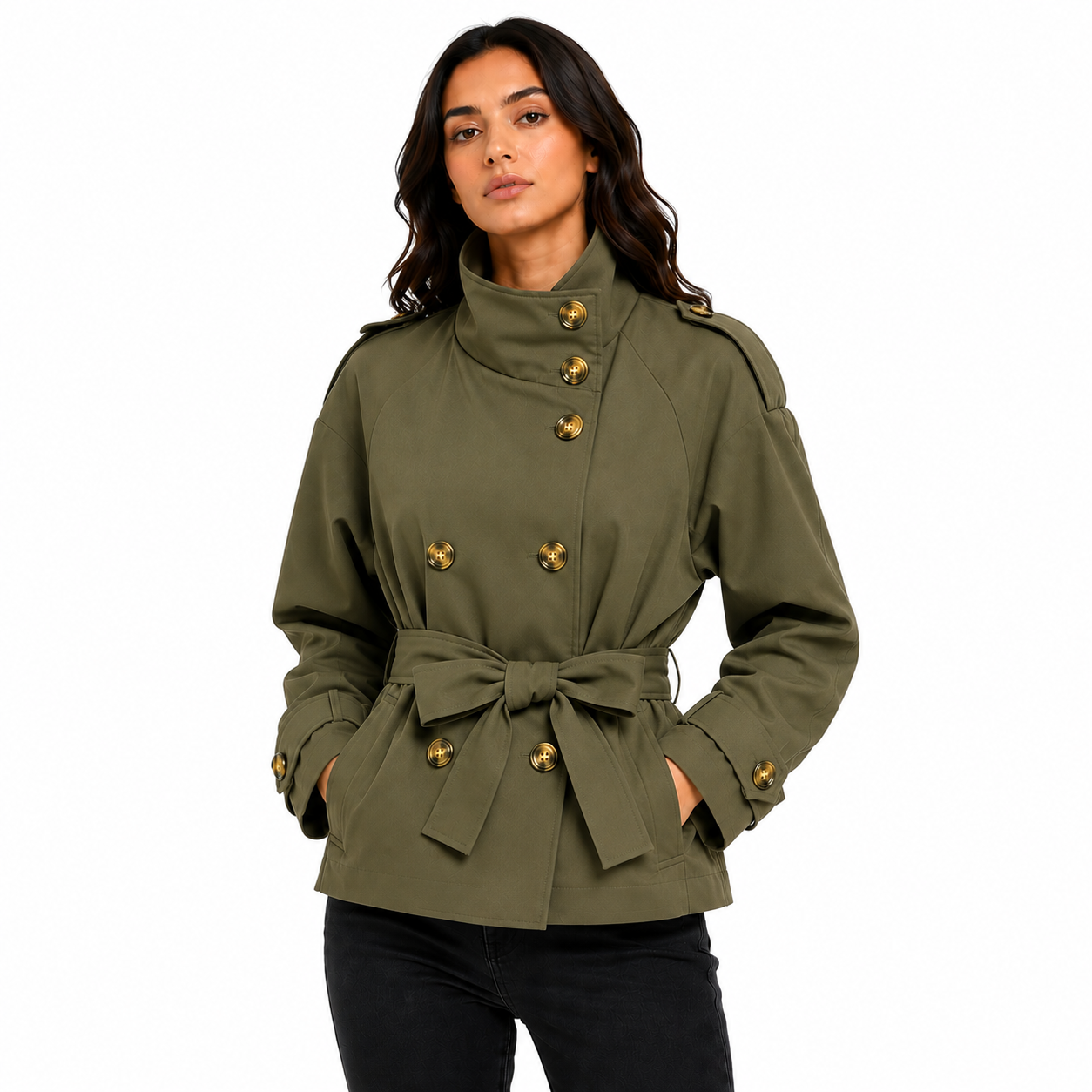 Trench Court Femme Ceinturé à Col Montant – Veste Élégante Double Boutonnage Manches Longues