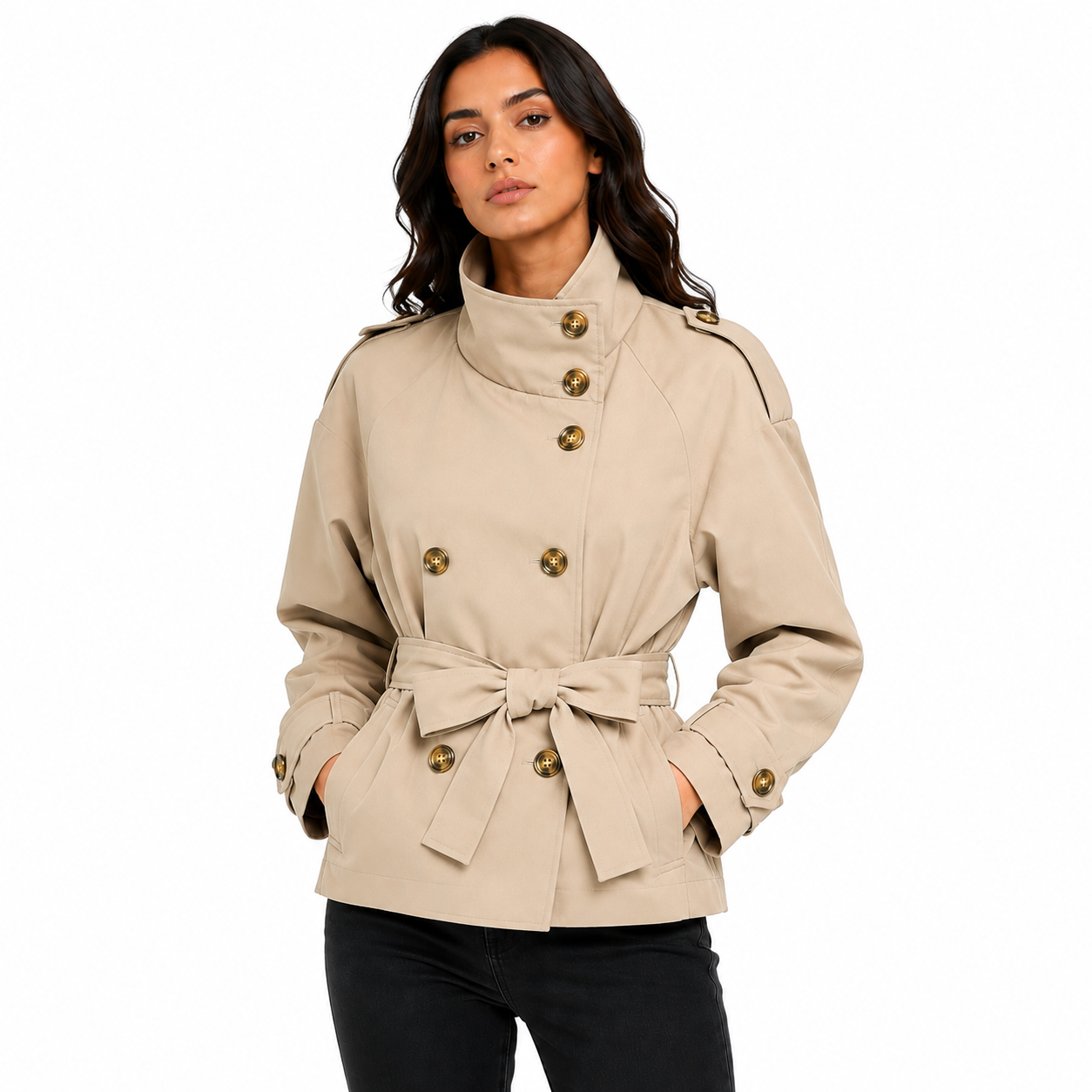 Trench Court Femme Ceinturé à Col Montant – Veste Élégante Double Boutonnage Manches Longues