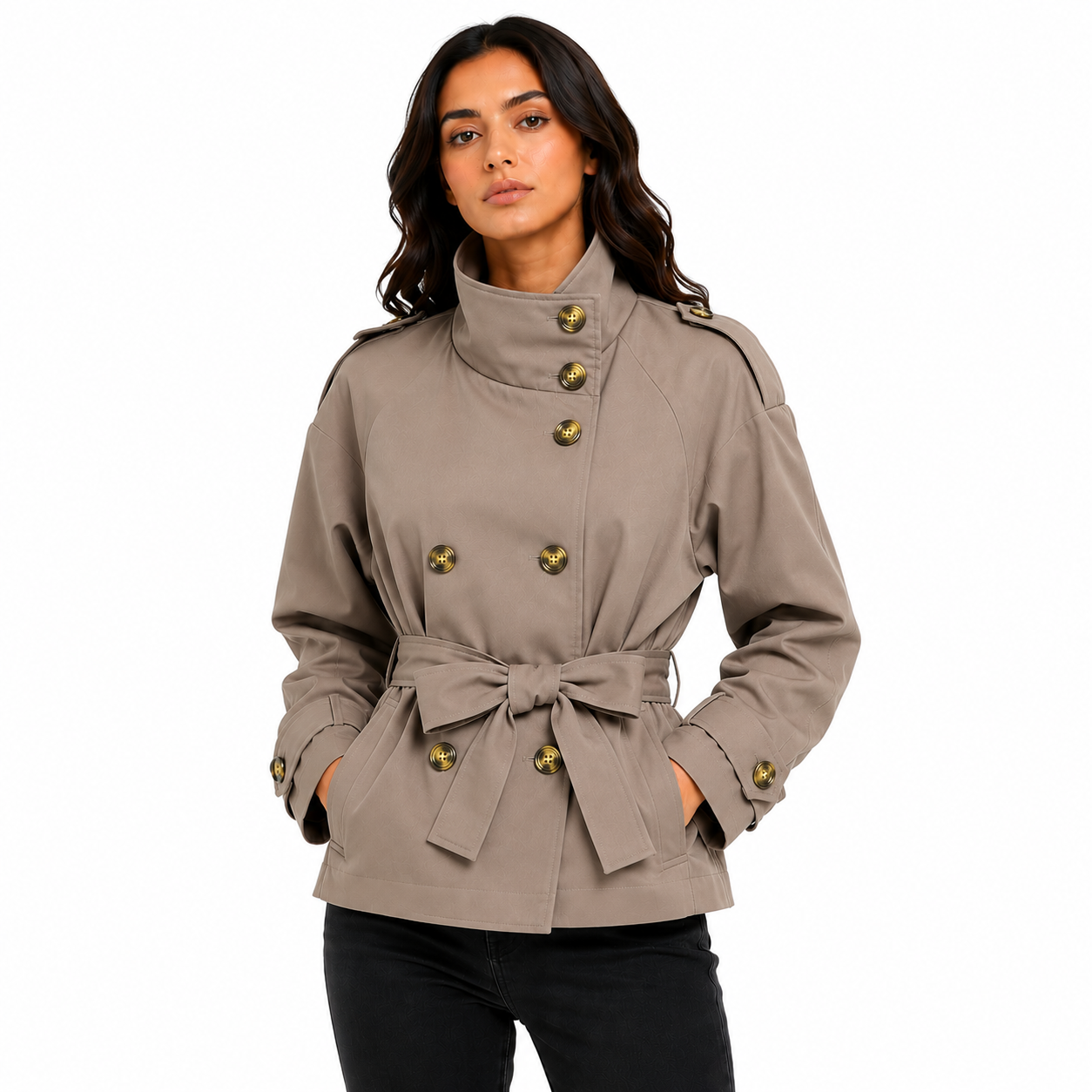 Trench Court Femme Ceinturé à Col Montant – Veste Élégante Double Boutonnage Manches Longues