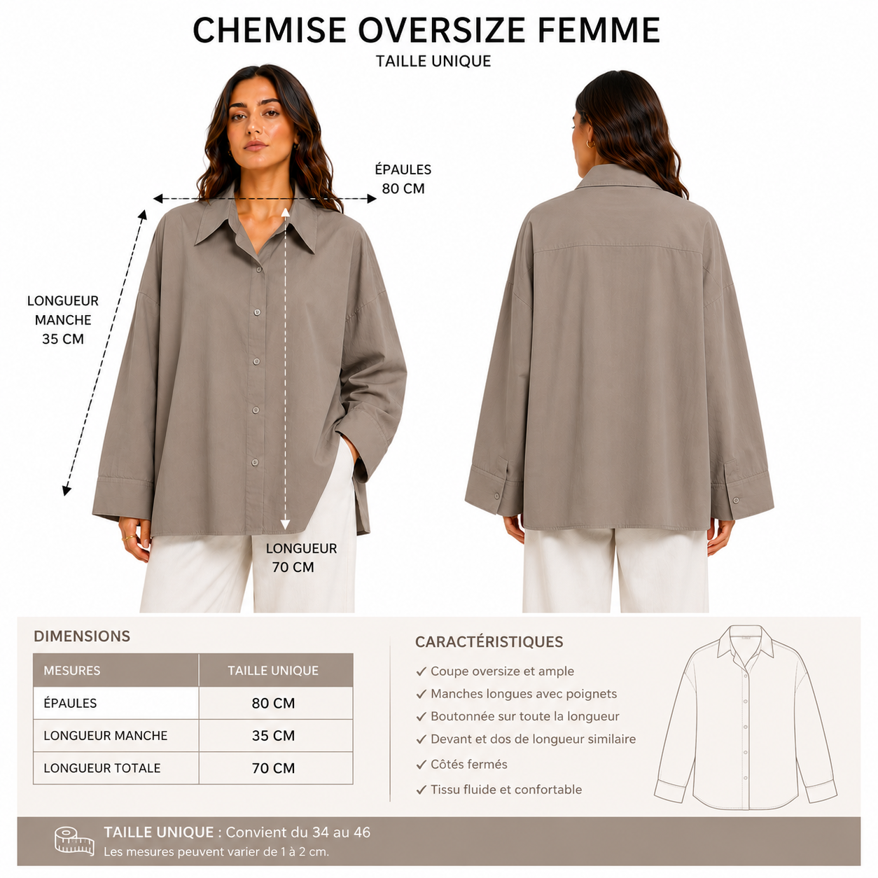 Chemise Femme Oversize Boutonnée Manches Longues – Coupe Ample et Fluide Taille Unique