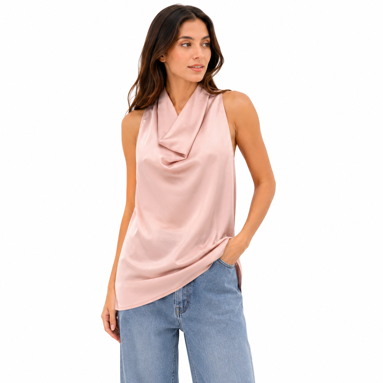 Top Satin Drapé Femme Chic – Haut Élégant Col Cascade