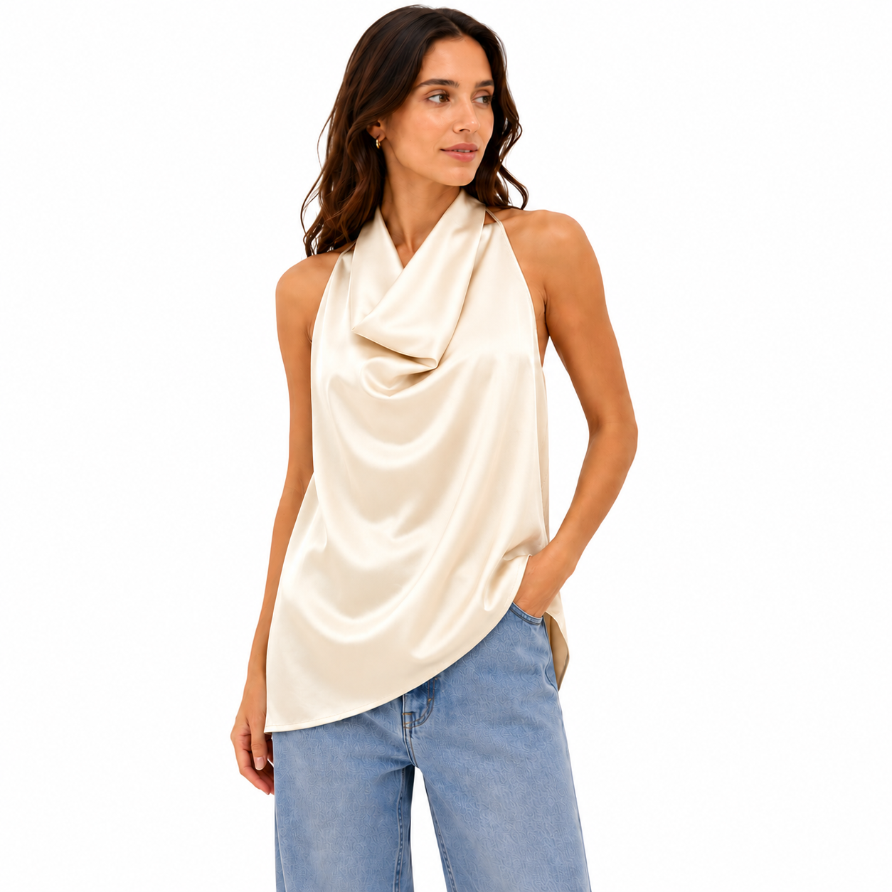 Top Satin Drapé Femme Chic – Haut Élégant Col Cascade