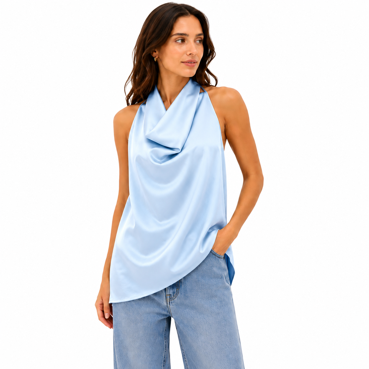 Top Satin Drapé Femme Chic – Haut Élégant Col Cascade