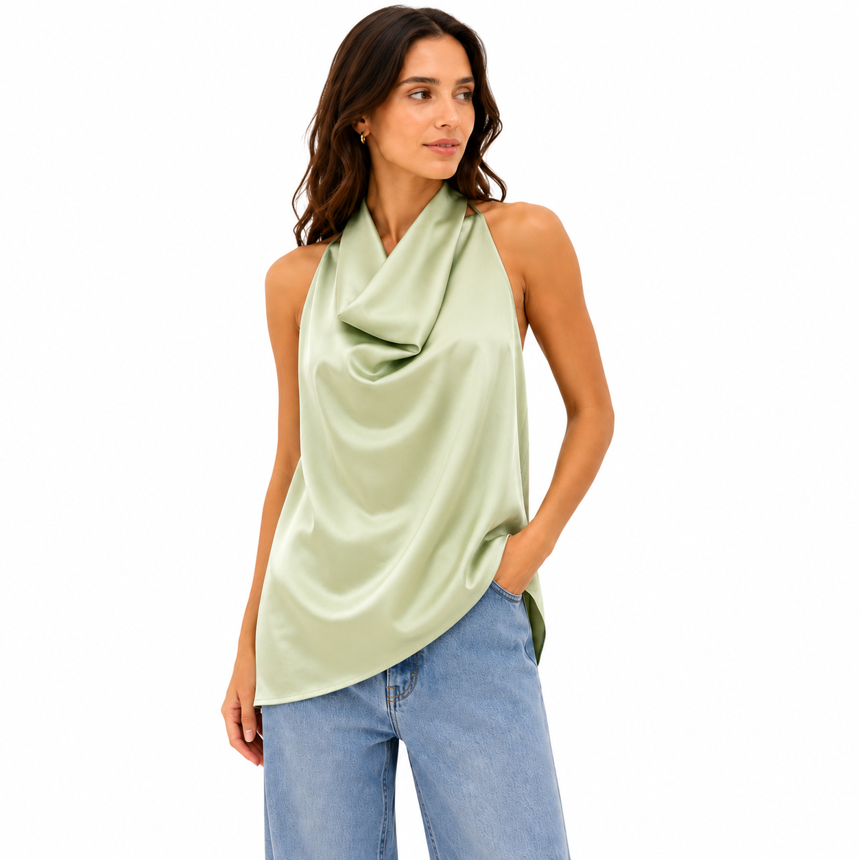 Top Satin Drapé Femme Chic – Haut Élégant Col Cascade