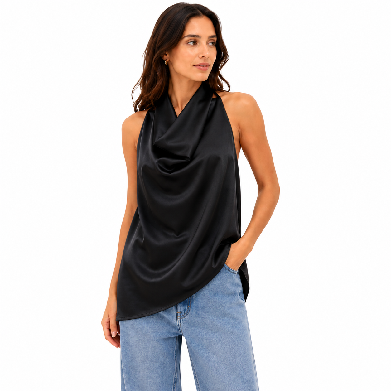 Top Satin Drapé Femme Chic – Haut Élégant Col Cascade