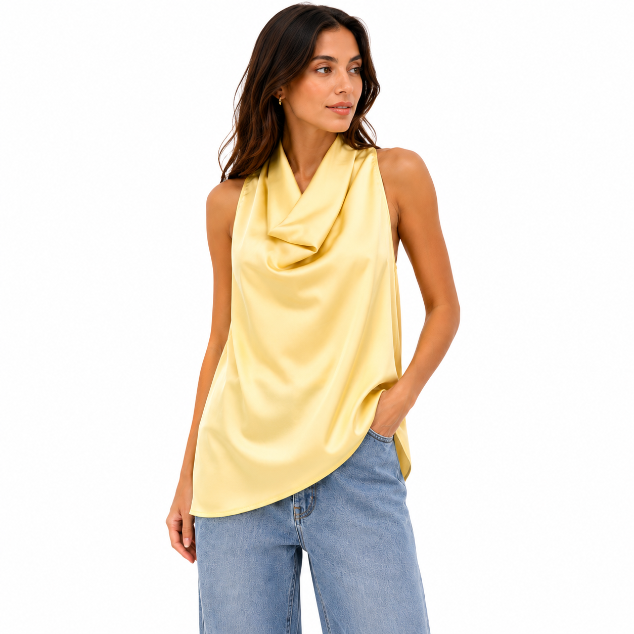 Top Satin Drapé Femme Chic – Haut Élégant Col Cascade