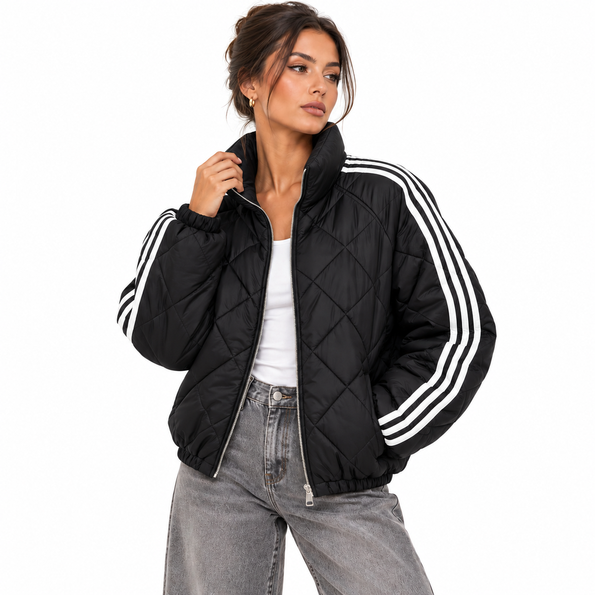 Veste Matelassée Femme Courte à Zip avec Bandes Contrastées – Style Sport Chic