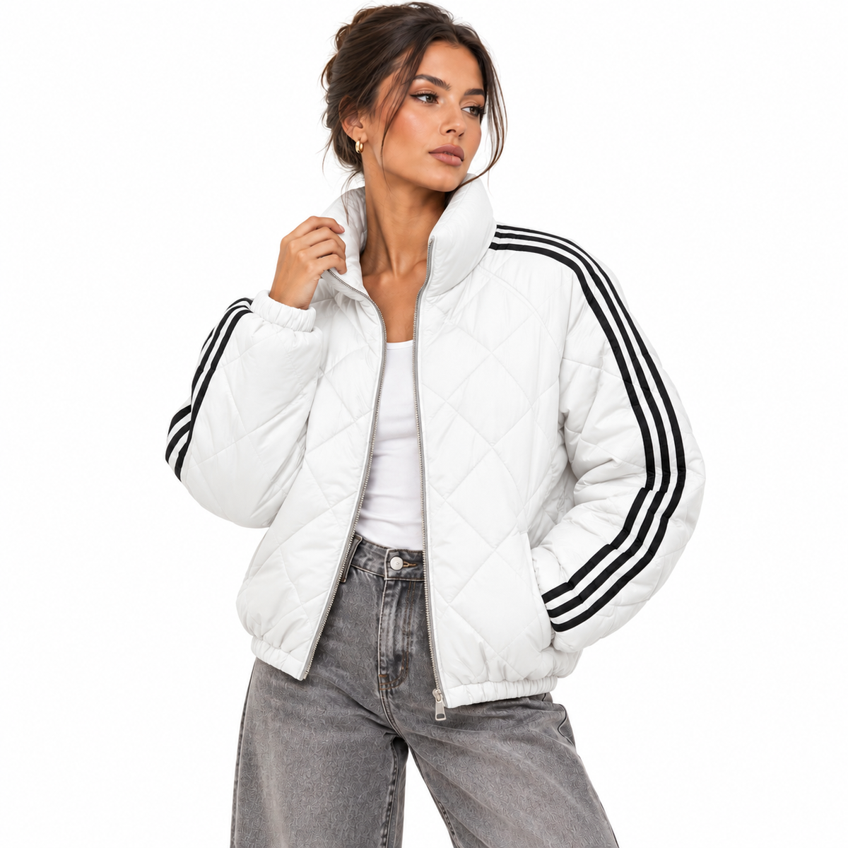 Veste Matelassée Femme Courte à Zip avec Bandes Contrastées – Style Sport Chic