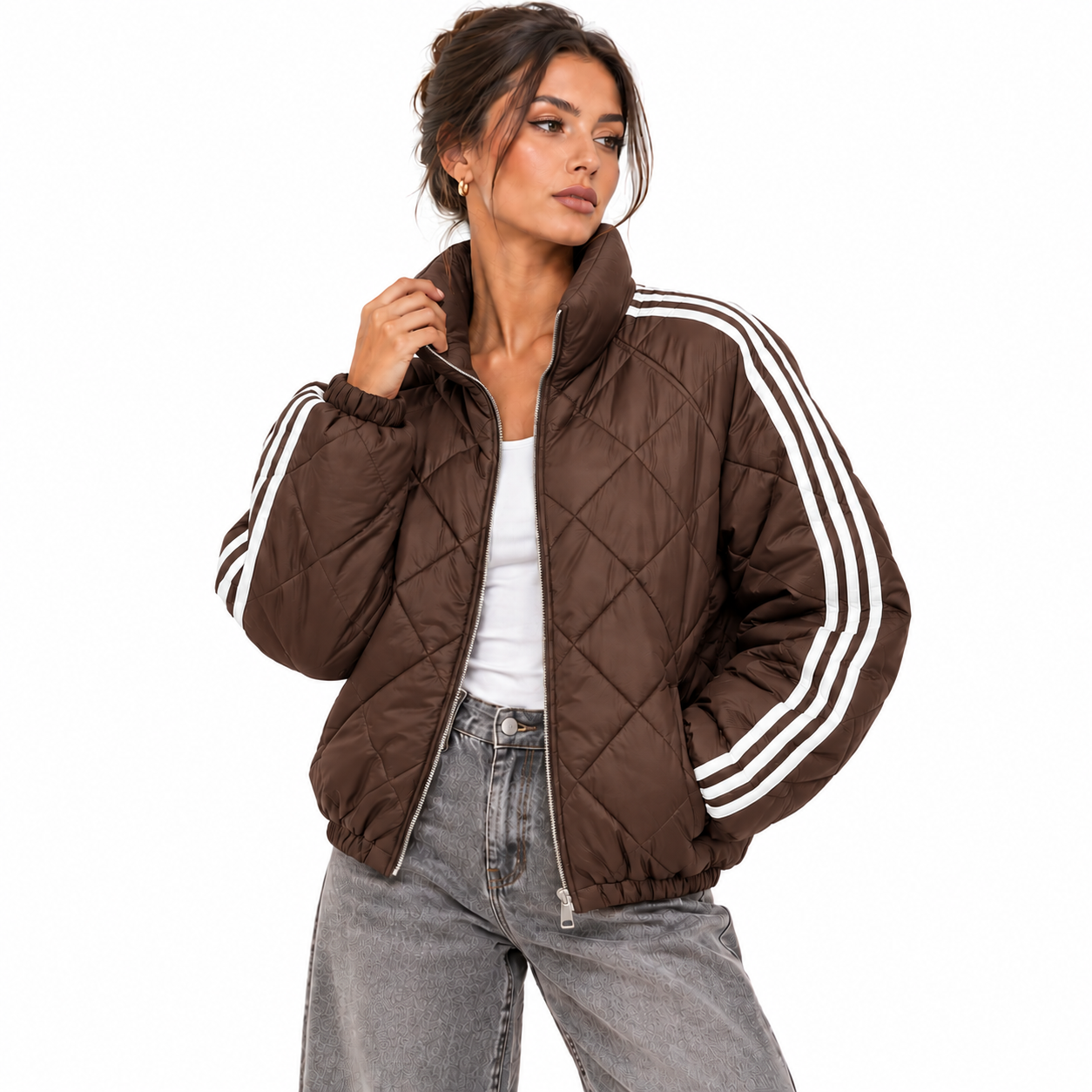 Veste Matelassée Femme Courte à Zip avec Bandes Contrastées – Style Sport Chic
