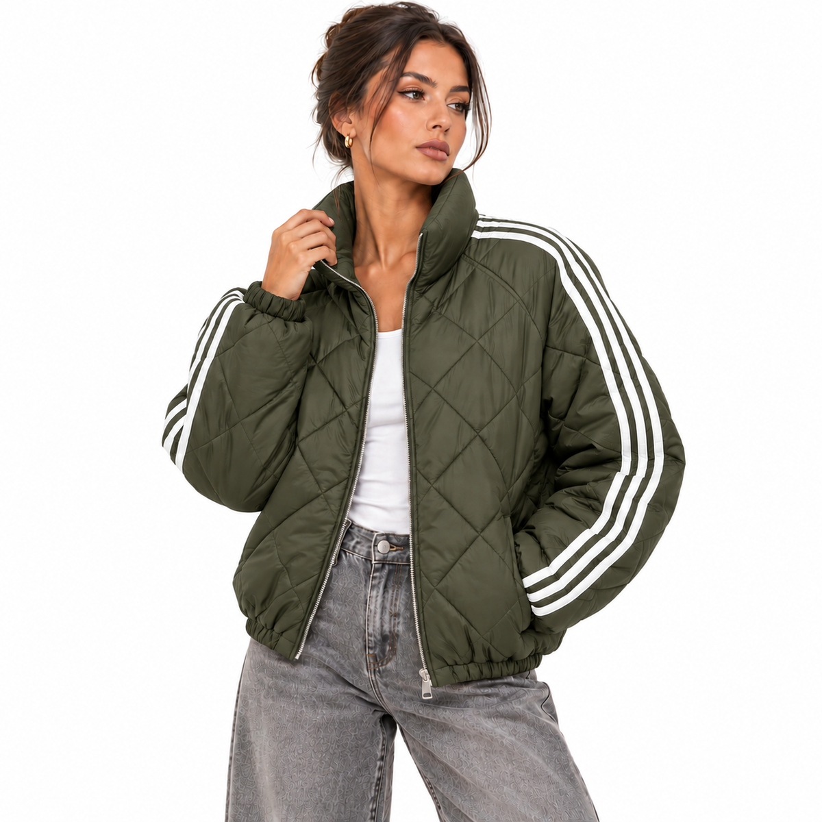 Veste Matelassée Femme Courte à Zip avec Bandes Contrastées – Style Sport Chic