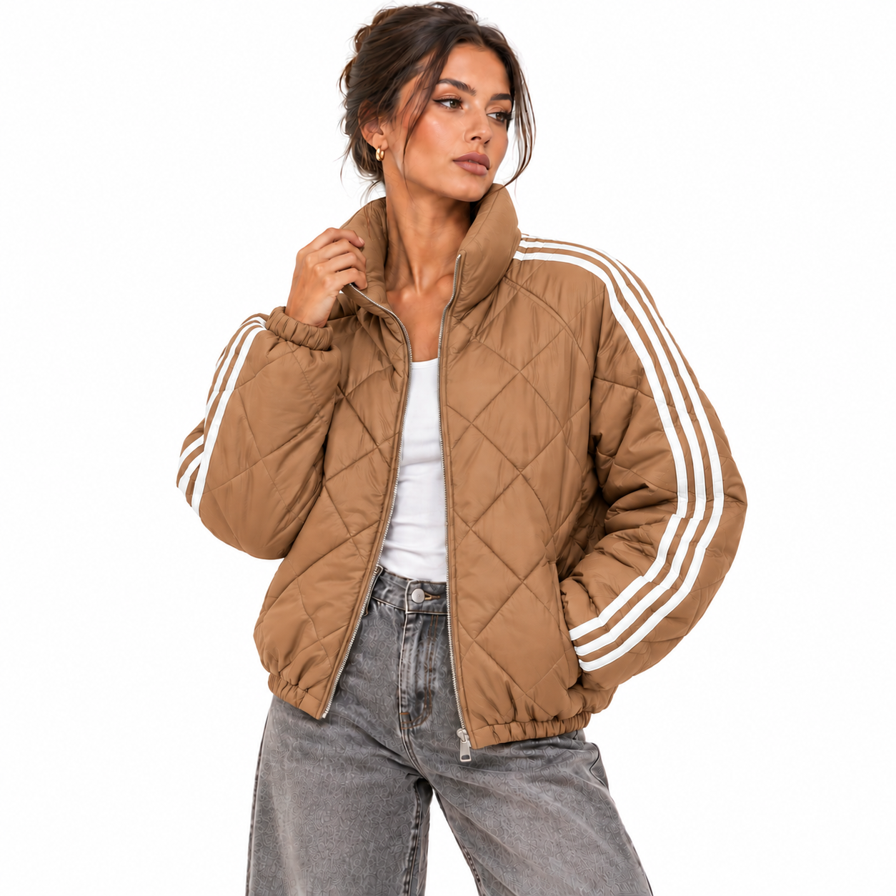 Veste Matelassée Femme Courte à Zip avec Bandes Contrastées – Style Sport Chic