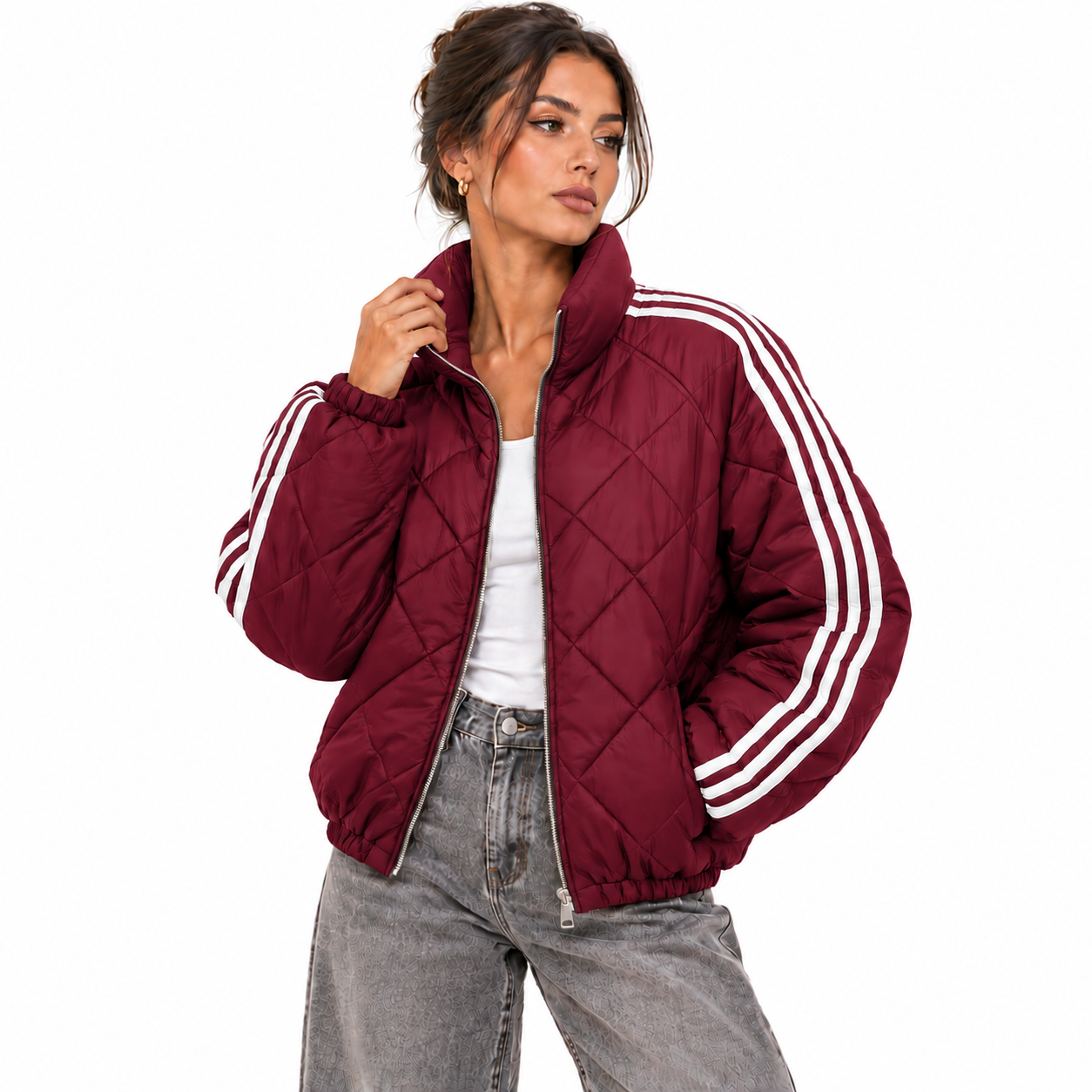 Veste Matelassée Femme Courte à Zip avec Bandes Contrastées – Style Sport Chic