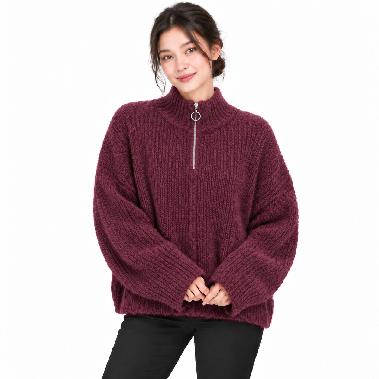 Gilet Femme Oversize en Maille Douce avec Col Zippé et Anneau Métallique