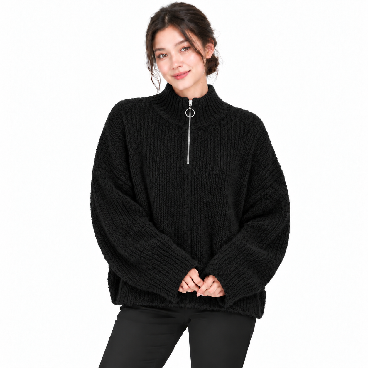 Gilet Femme Oversize en Maille Douce avec Col Zippé et Anneau Métallique