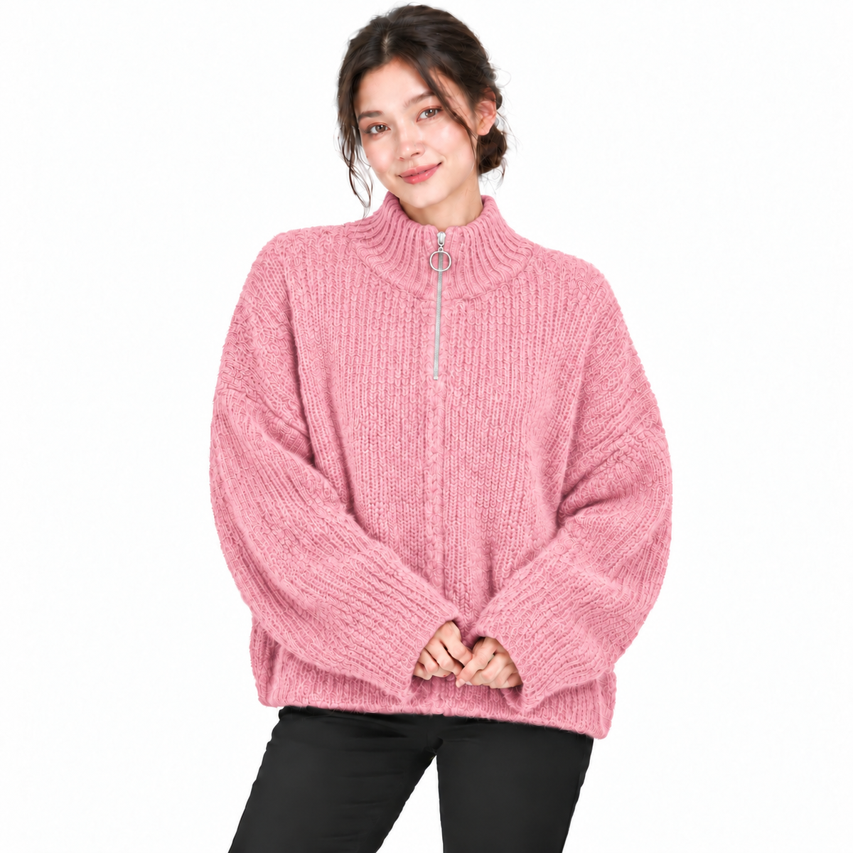 Gilet Femme Oversize en Maille Douce avec Col Zippé et Anneau Métallique