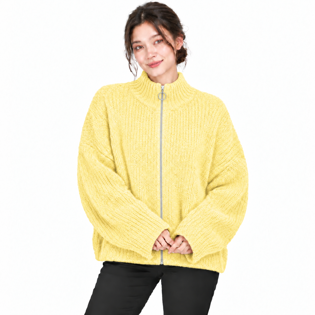 Gilet Femme Oversize en Maille Douce avec Col Zippé et Anneau Métallique