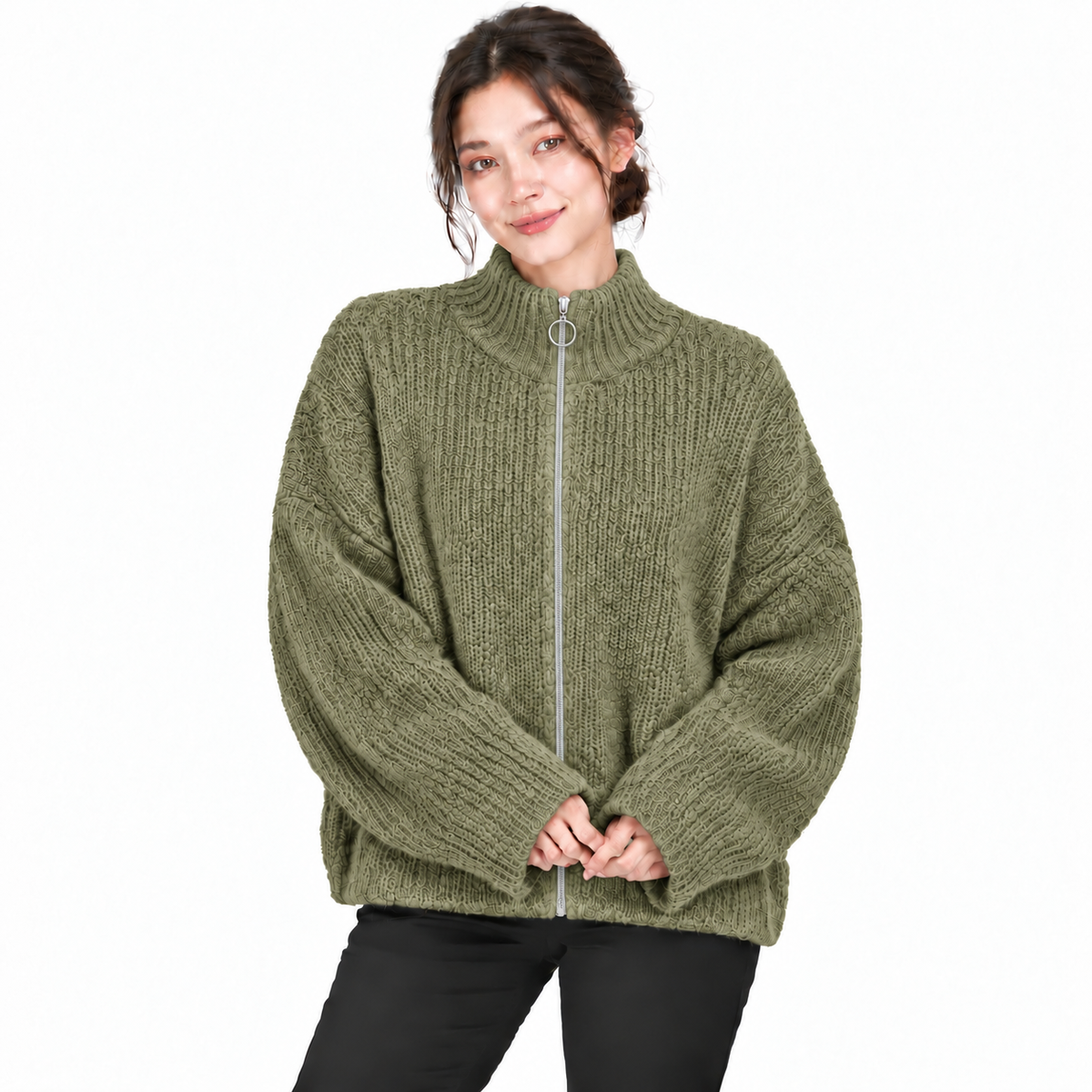 Gilet Femme Oversize en Maille Douce avec Col Zippé et Anneau Métallique