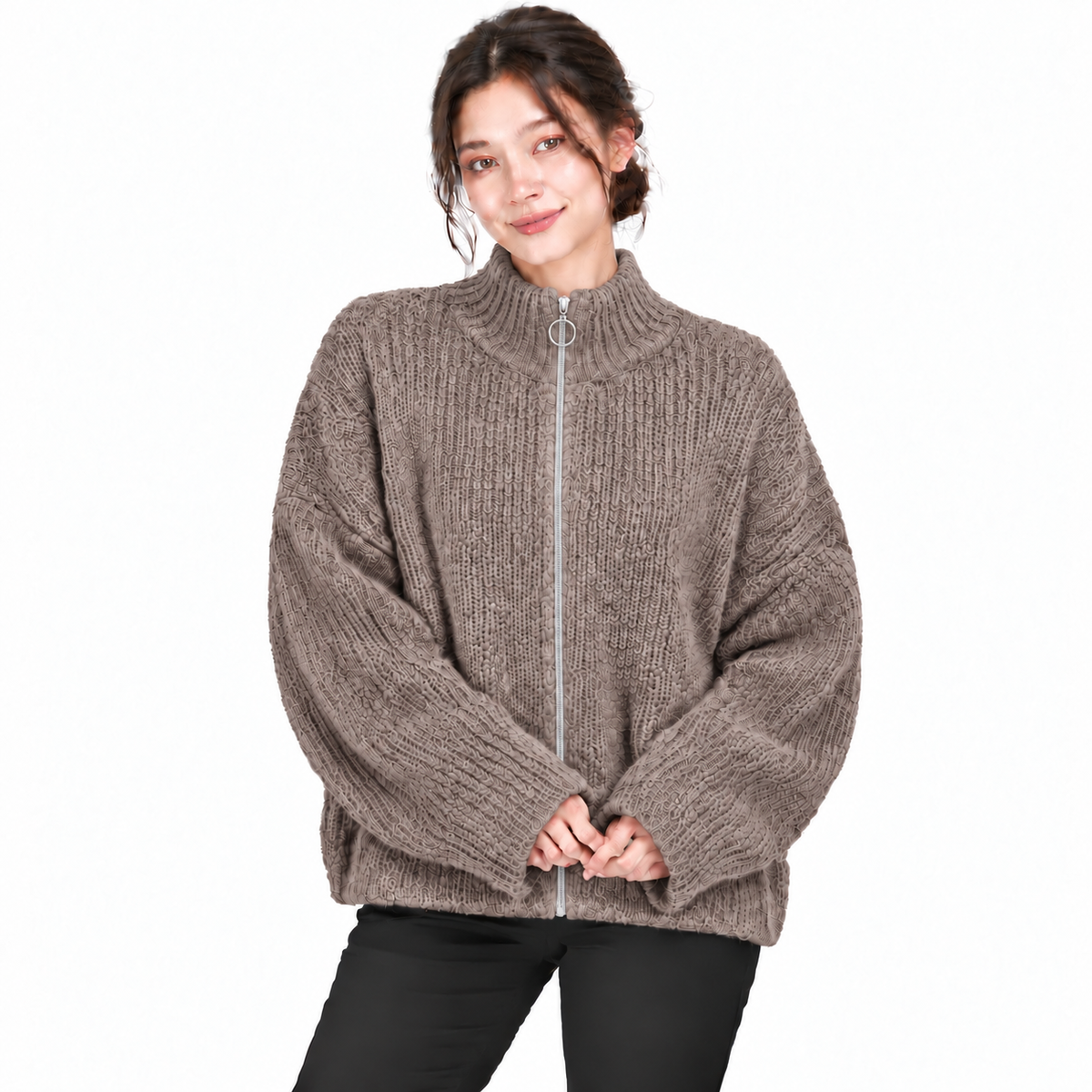 Gilet Femme Oversize en Maille Douce avec Col Zippé et Anneau Métallique