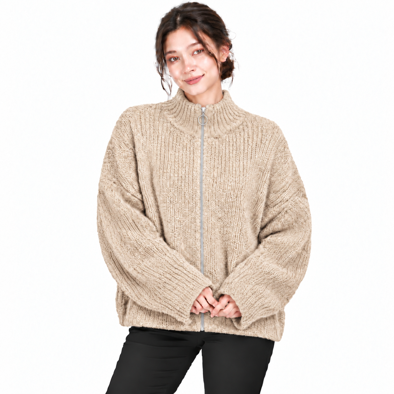 Gilet Femme Oversize en Maille Douce avec Col Zippé et Anneau Métallique
