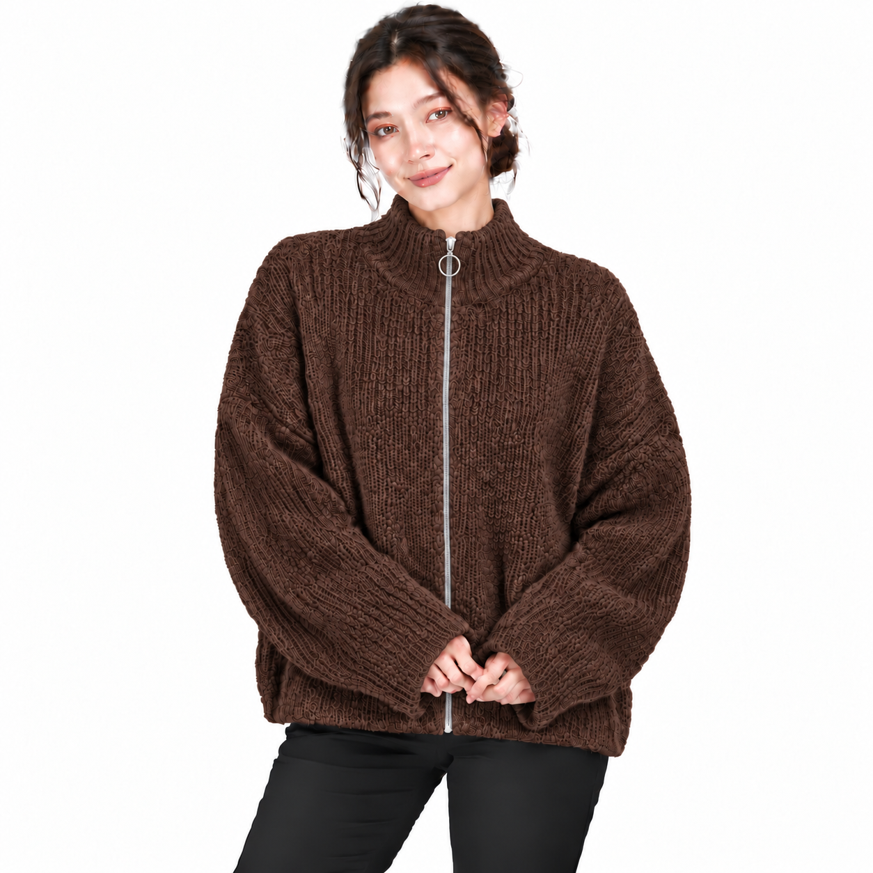 Gilet Femme Oversize en Maille Douce avec Col Zippé et Anneau Métallique