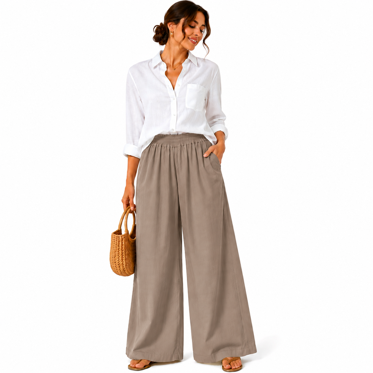 Pantalon Palazzo Femme 100% Coton Taille Élastique