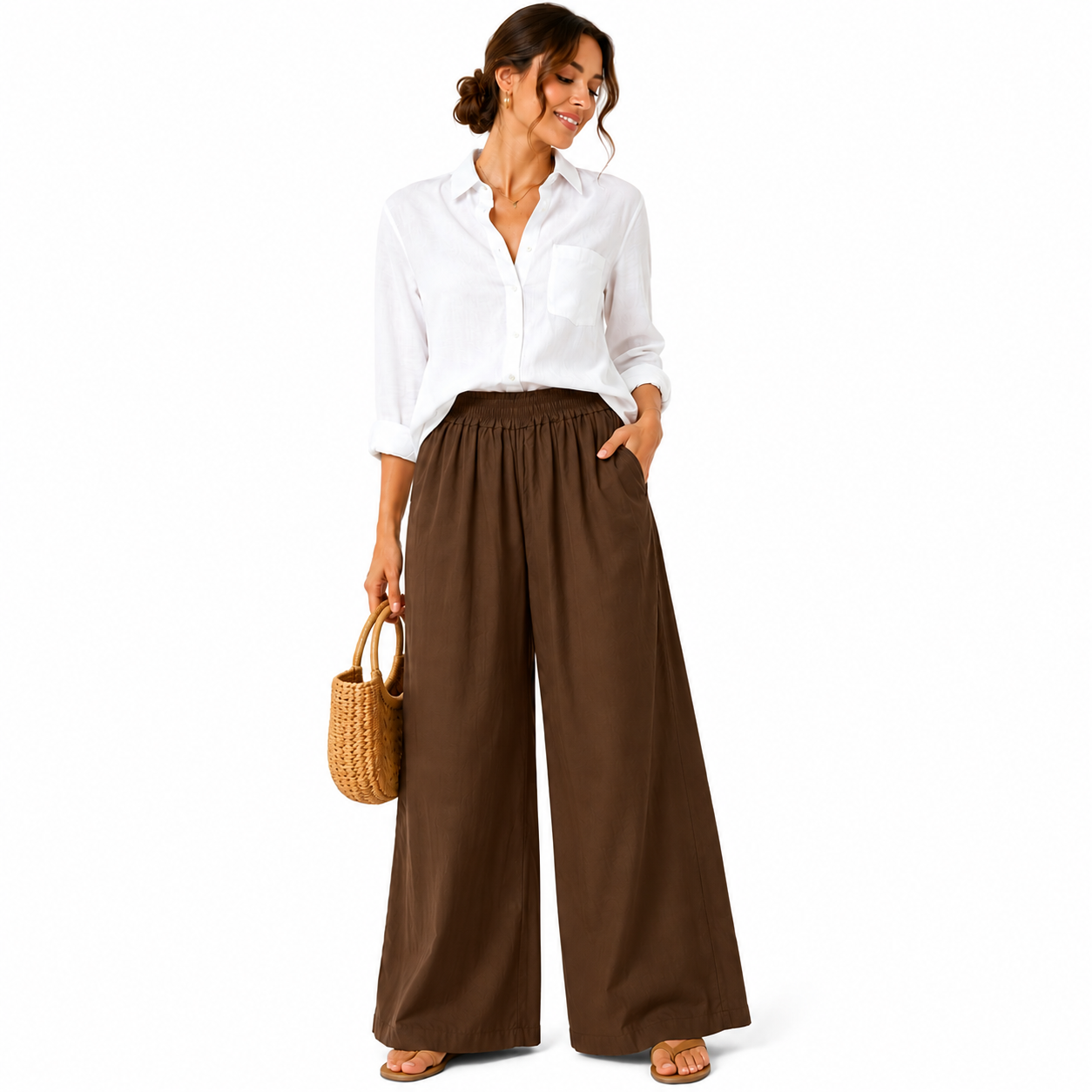 Pantalon Palazzo Femme 100% Coton Taille Élastique