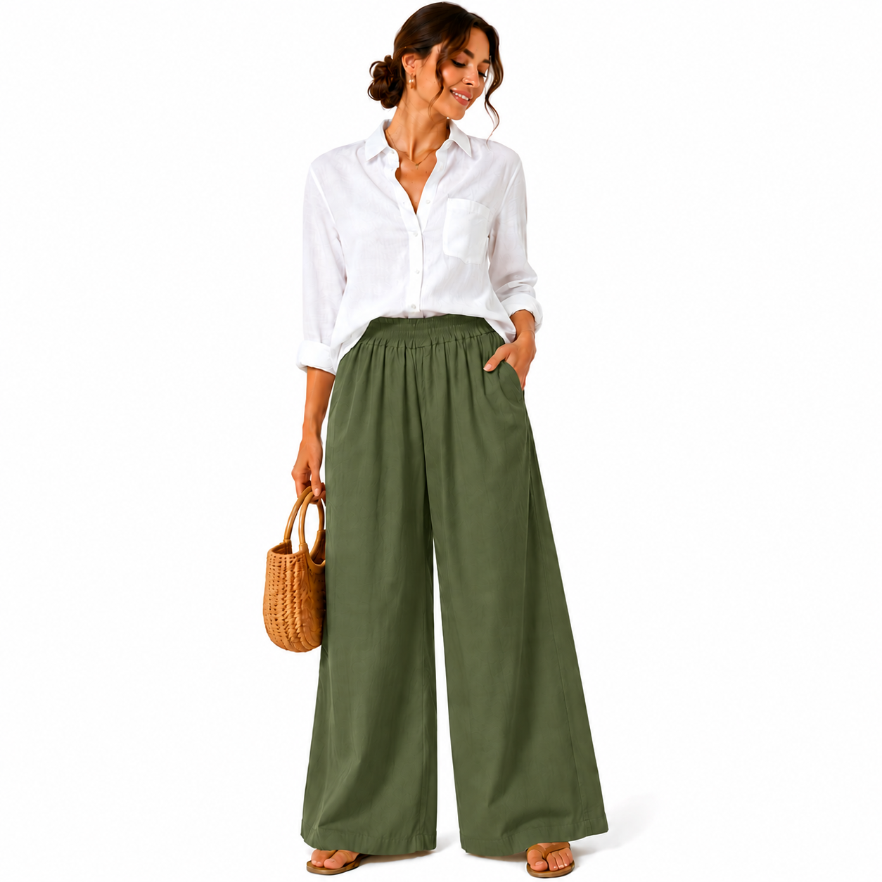 Pantalon Palazzo Femme 100% Coton Taille Élastique