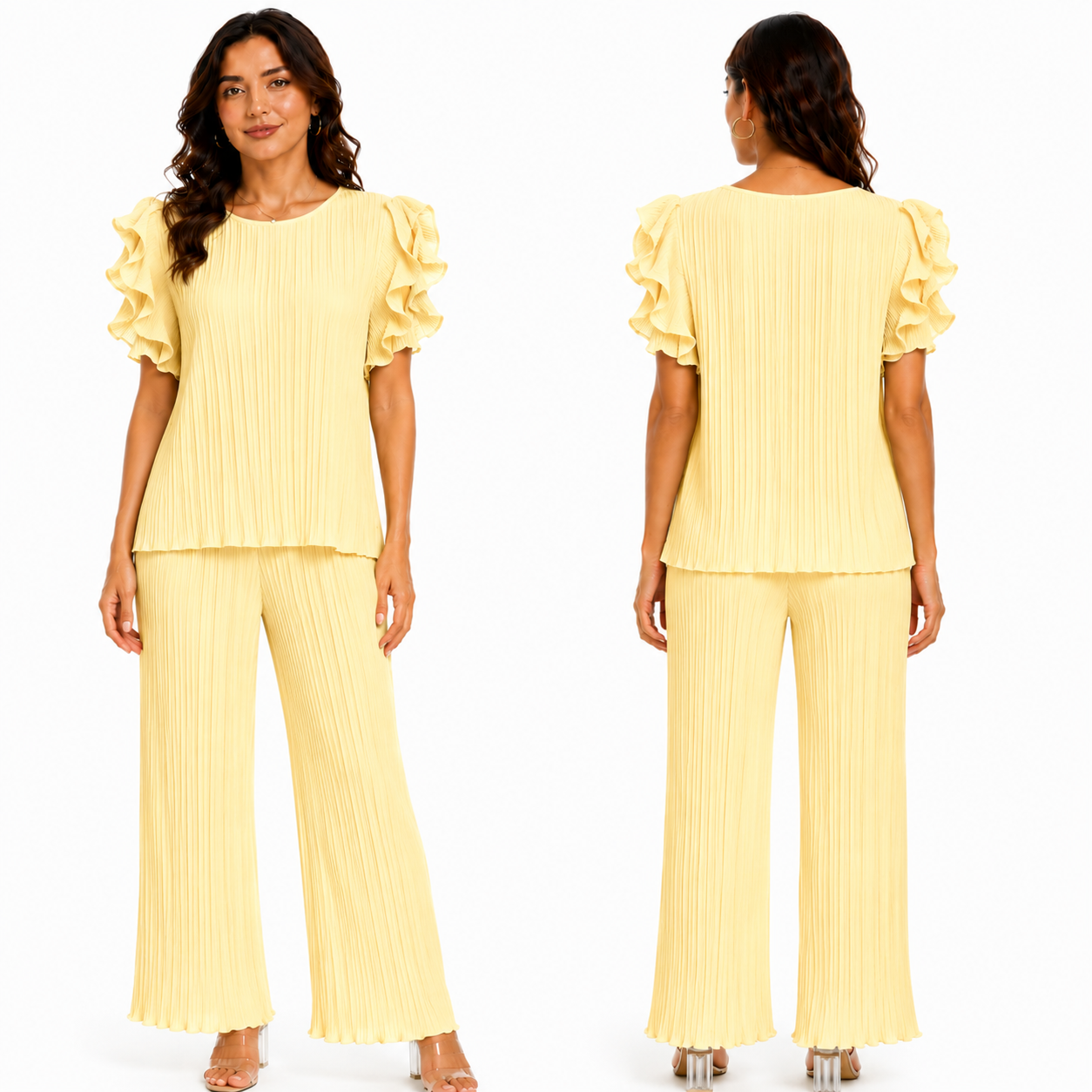 Ensemble Femme Plissé Chic Fluide Pantalon Large Élégant