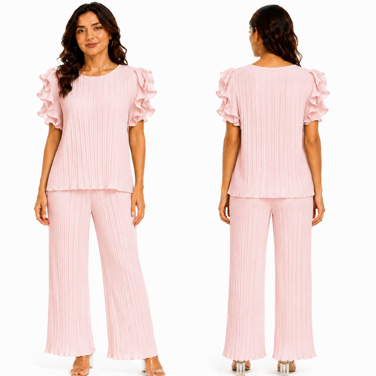 Ensemble Femme Plissé Chic Fluide Pantalon Large Élégant