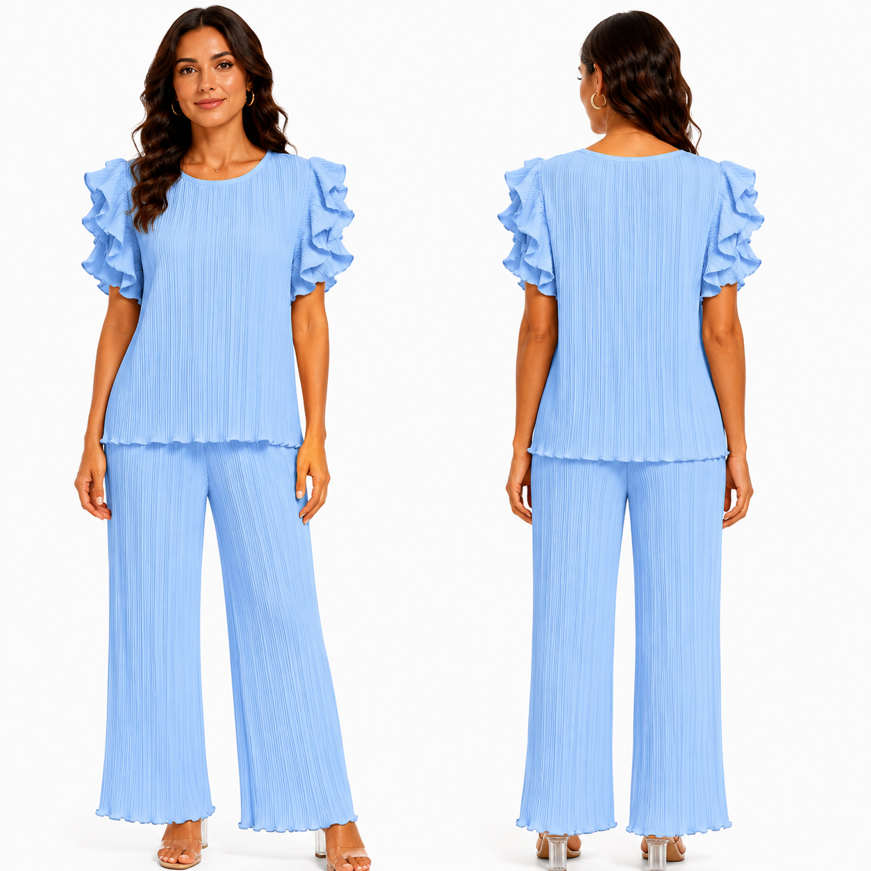 Ensemble Femme Plissé Chic Fluide Pantalon Large Élégant