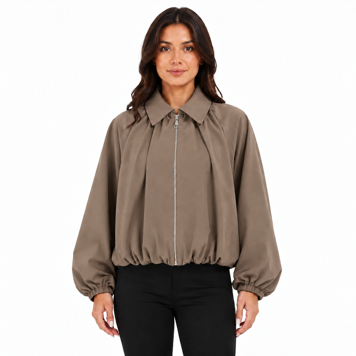 Veste Bomber Courte Femme Zippée à Manches Ballon et Poches