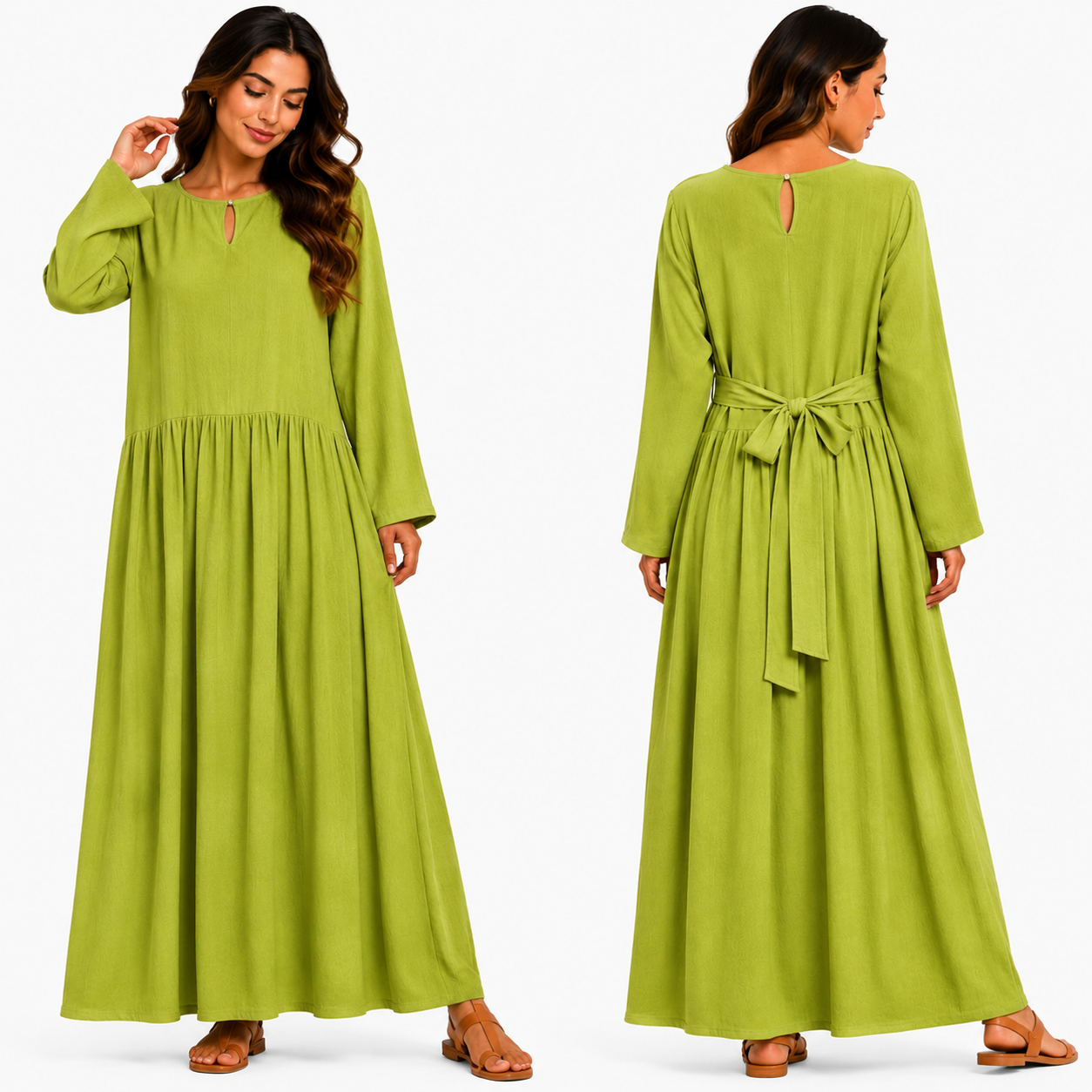 Robe Longue Fluide Vert Pistache avec Ceinture au Dos – Coupe Ample et Élégante