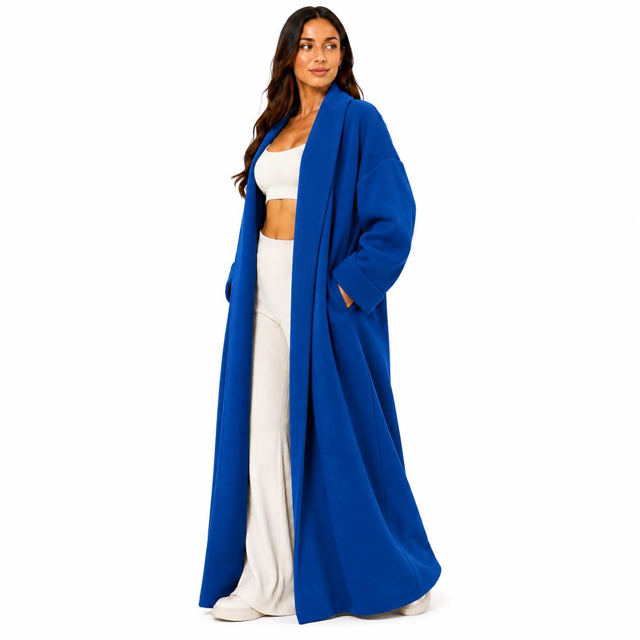 Gilet long 116 oversize femme avec poches – Cardigan ouvert élégant style cocoon