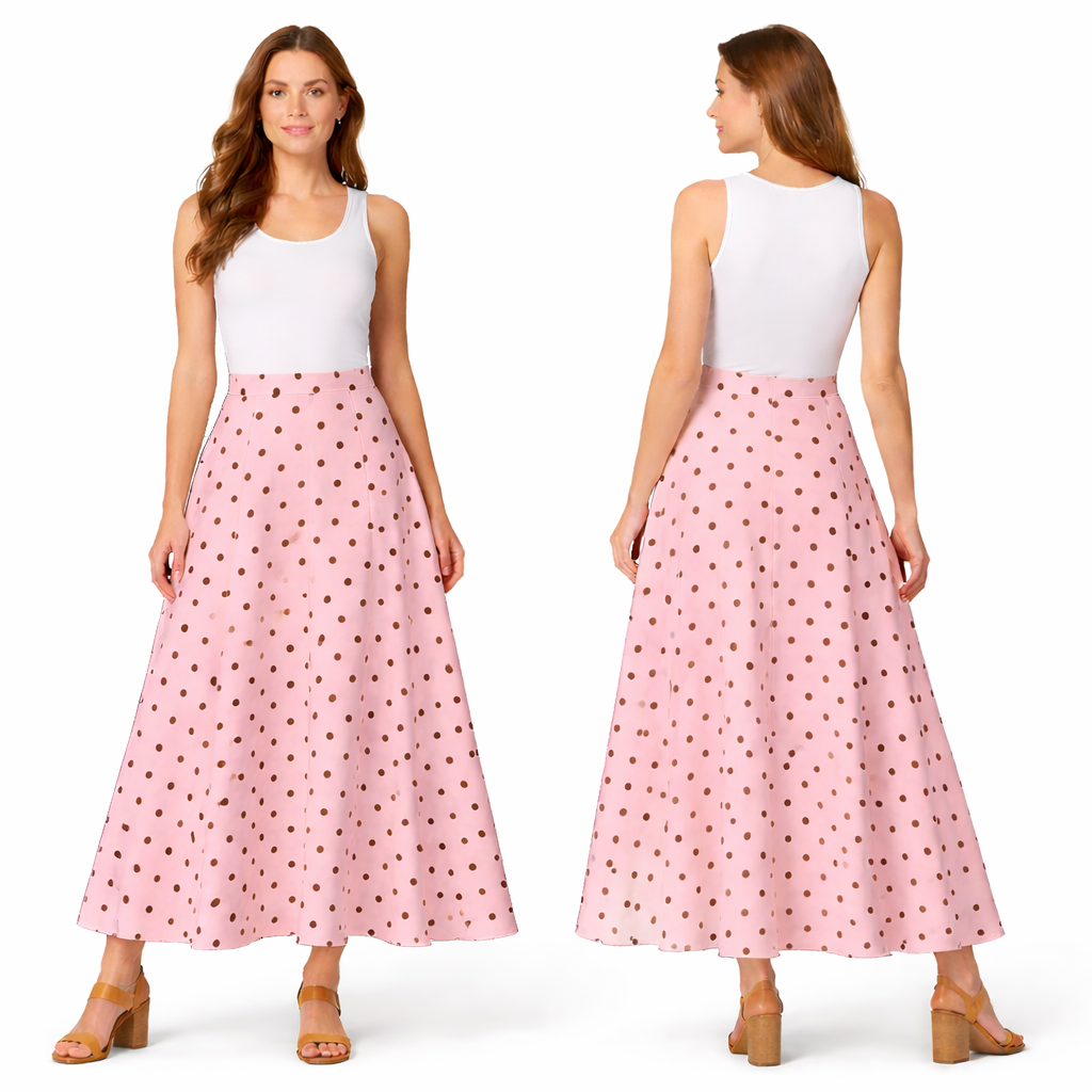 Polka dot satin maxi skirt – flared high-waisted cut, chic elegant style
