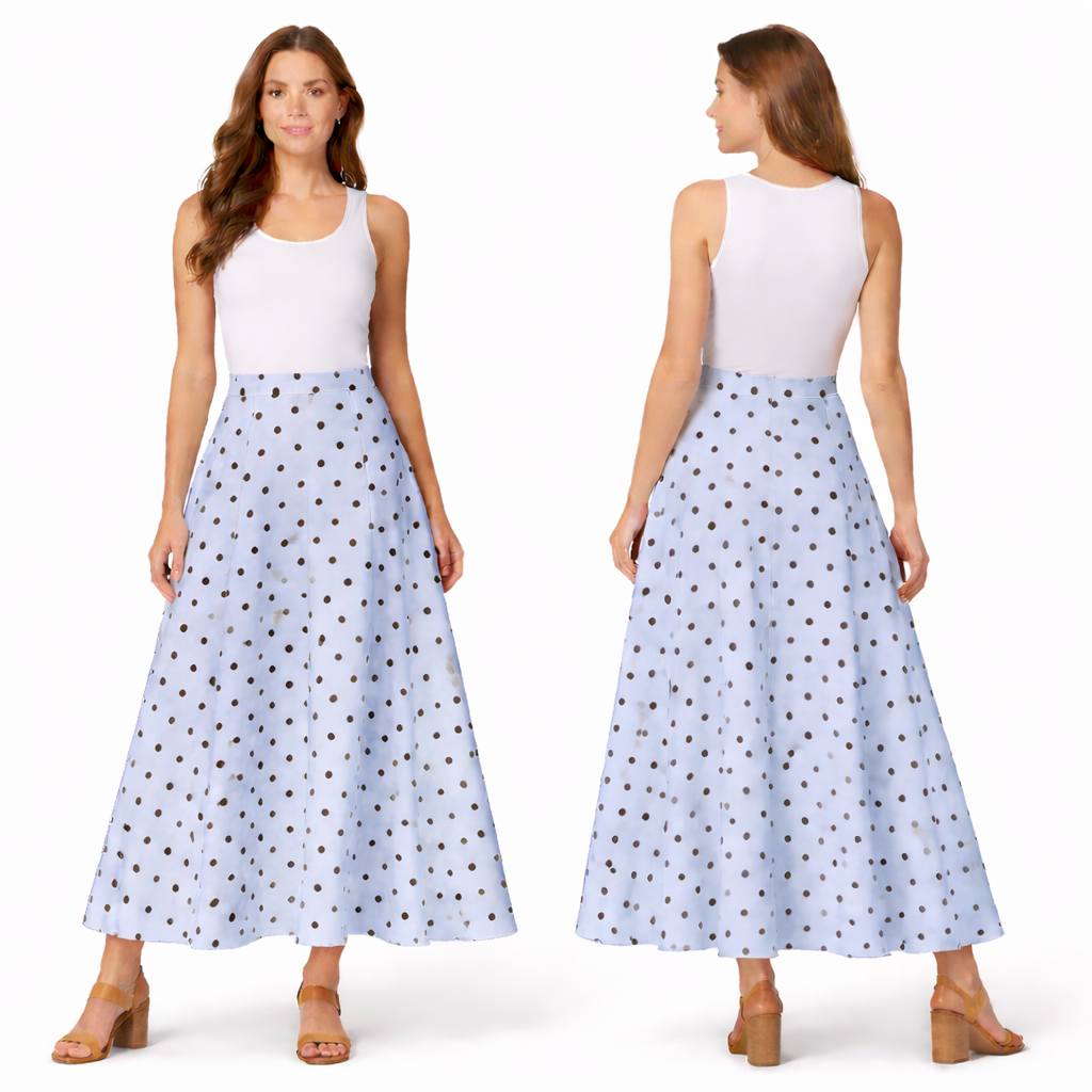 Polka dot satin maxi skirt – flared high-waisted cut, chic elegant style