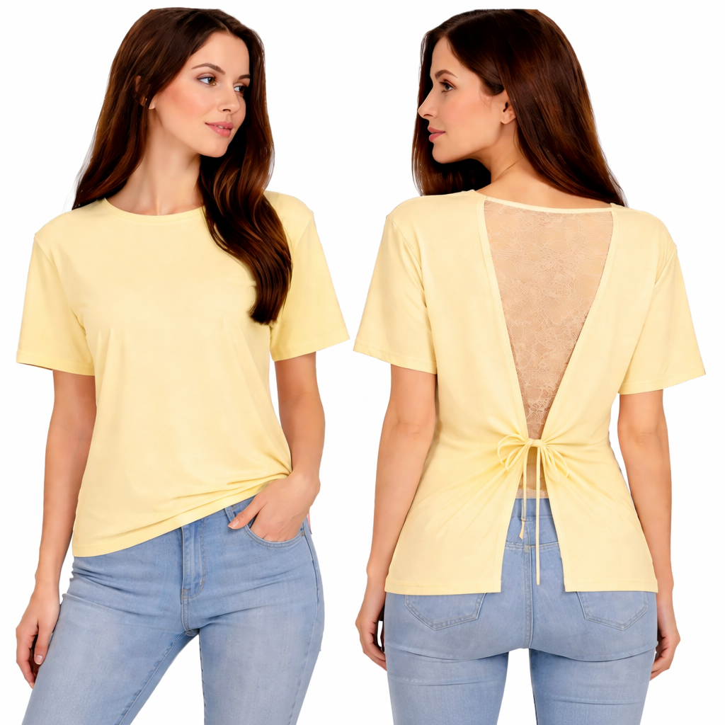 T-shirt femme dos ouvert avec dentelle – Top chic et tendance, coupe fluide