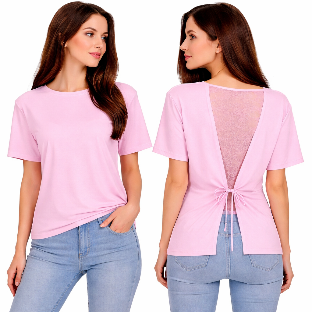 T-shirt femme dos ouvert avec dentelle – Top chic et tendance, coupe fluide