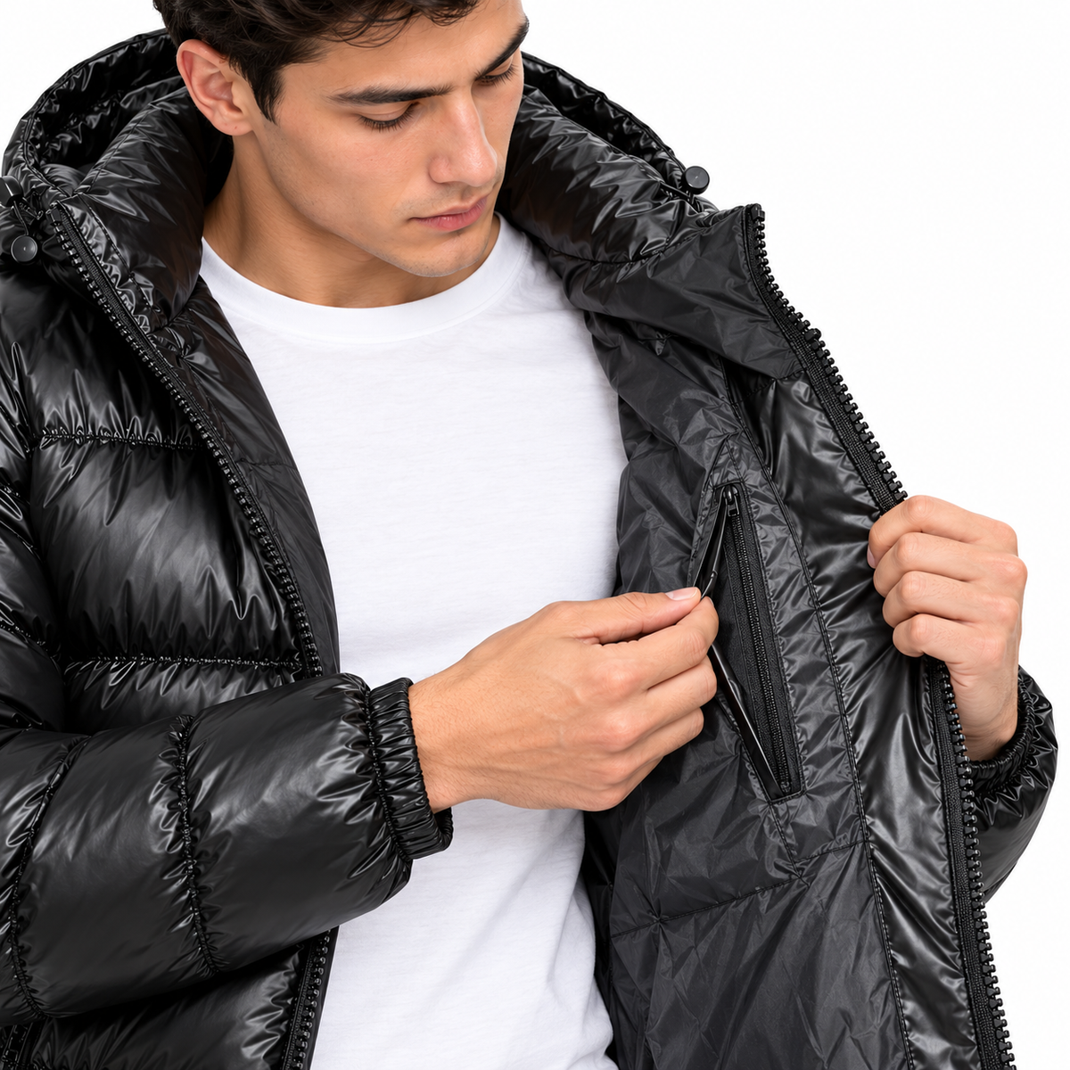 Doudoune Homme Brillante à Capuche – Coupe Courte & Poches Zippées