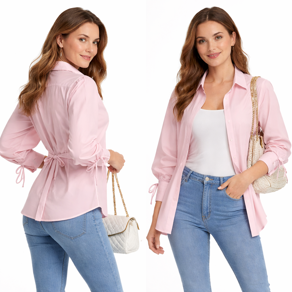 Chemise cintrée manches bouffantes avec liens ajustables et broderie discrète – coupe élégante structurée