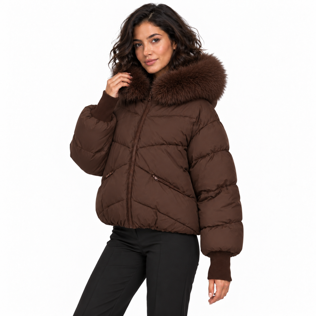 Doudoune courte femme Naïa – Capuche bordée de fausse fourrure