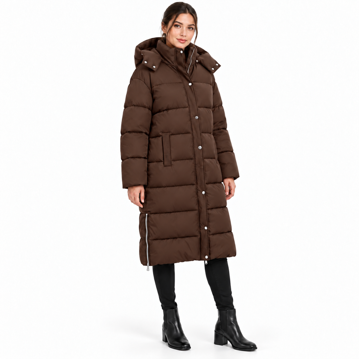 Doudoune longue femme Alba – Capuche amovible et zips latéraux
