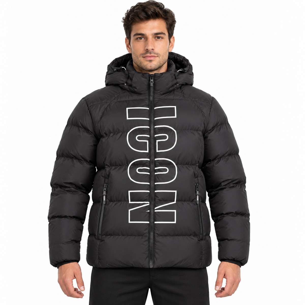 Doudoune homme noire à capuche – Motif contrasté et poches zippées